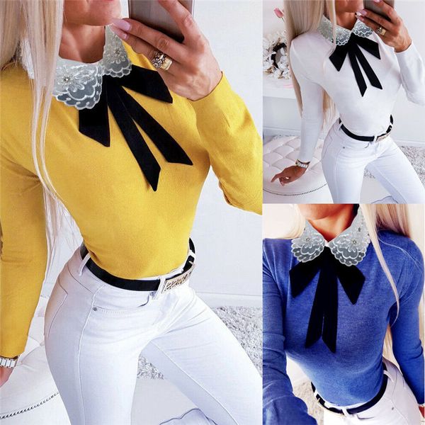 

bow designer tshirts women sweet slim skinny solid color long sleeved lapel neck pullover tshirts fashion women, White