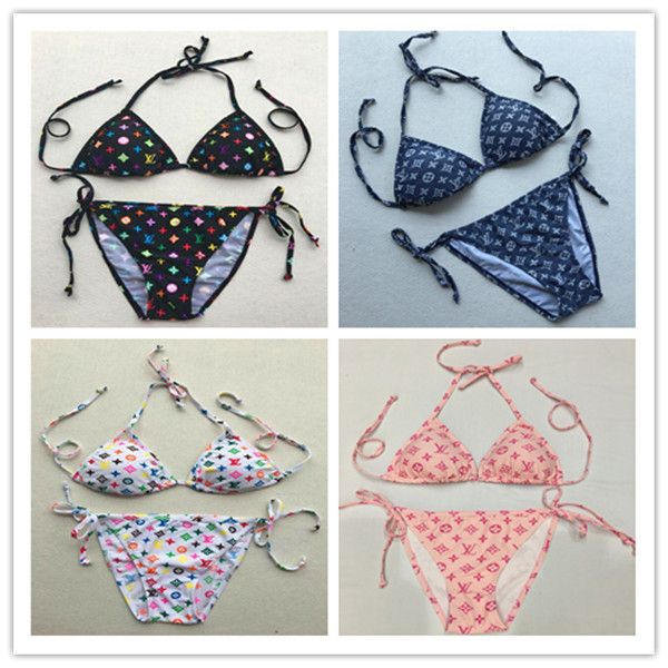 

20llv bikini backless swimsuit new degree flower letter printing 7 colors brand beach bikini, White;black