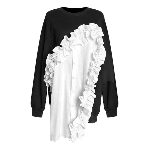

goodlishowsi fashion chic women sweatershirt ruffles patchwork colorblock o-neck irregular pullovers casual loose new crewnecks, White;black