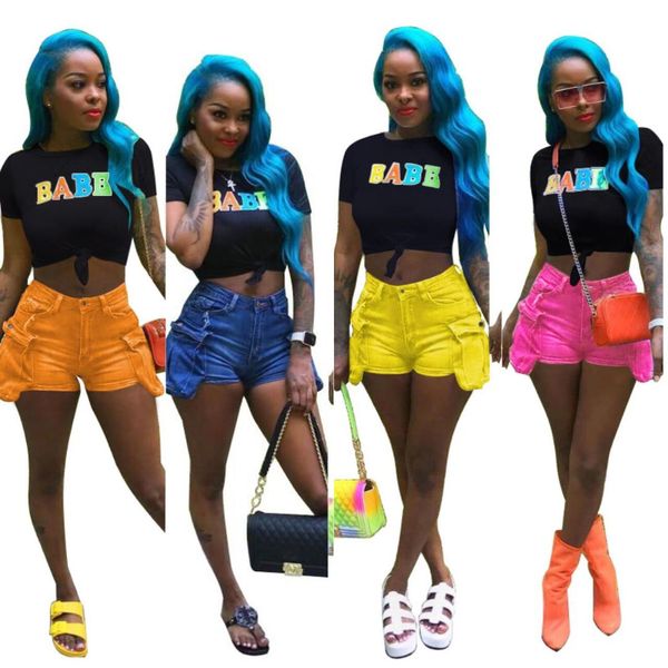 

summer new fashion simple round neck letter print short-sleeved t-shirt with 5 color denim large pocket straight denim shorts, White