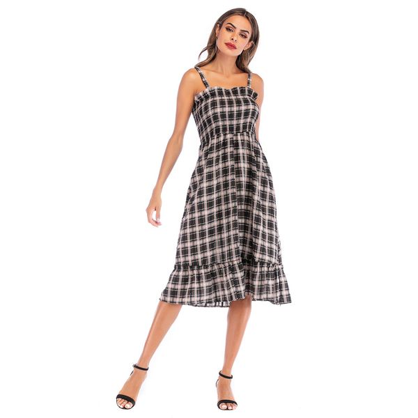 

summer women's retro plaid skirt high-waisted mid-length dress, Black;gray
