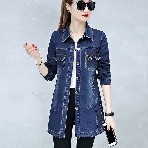 

letters embroidery long denim jacket for women's 2018 autumn casual slim jacket long sleeve plus size jeans coats female, Black;brown