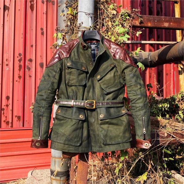 

american retro khaki waterproof oil wax canvas medium-length safari jacket jacket stitching leather motorcycle leather, Black