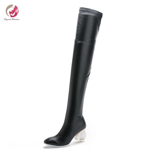 

original intention elegant black over knee high boots woman pointed toe gorgeous crystal high heels winter long boots woman