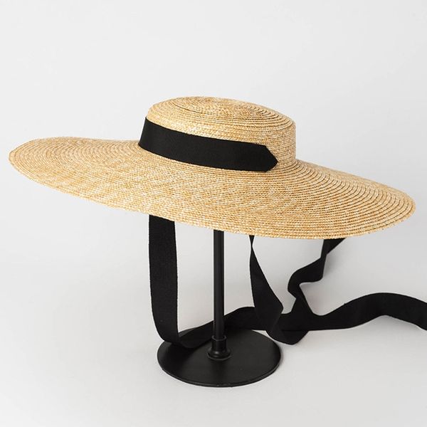 

wide brim boater hat 15cm straw flat women kentucky derby ribbon tie sun beach cap jump ropes