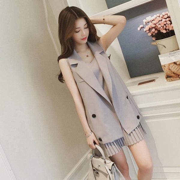 

2 piece fashion women's suit women long vest jacket + pleated dress female casual two piece women suit conjunto feminino, White;black