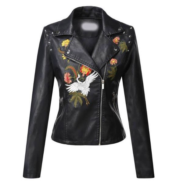 

women's leather & faux autumn women pu coat flower floral embroidered jacket rivets slim motorcycle bomber, Black