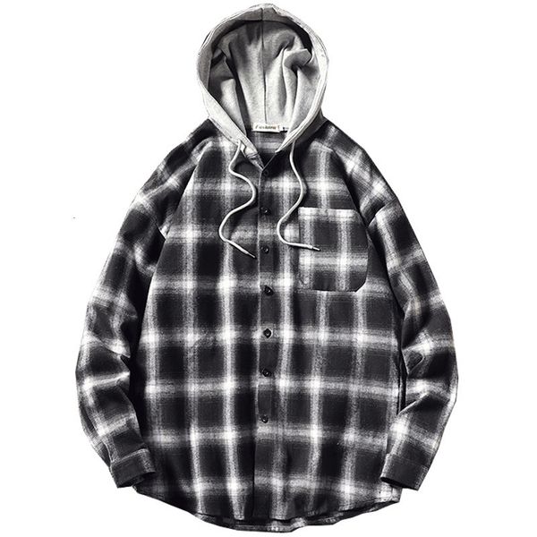 

men plaid shirt cotton spring autumn casual long sleeve hooded shirts men shirts with pocket korean shirt male clothes, White;black