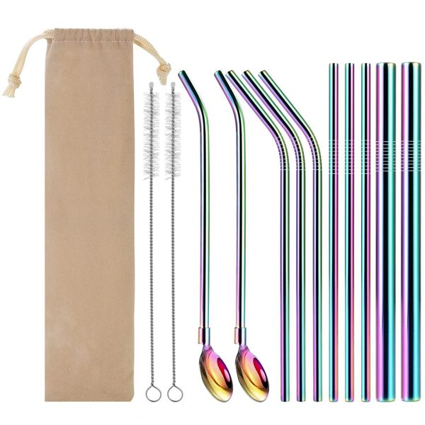 

12pcs reusable stainless steel drinking straws set curved straight straws drink spoons brushes with pouch stainless steel straw