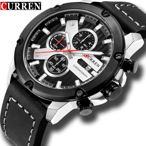 

brand curren new fashion quartz watch mens waterproof leather chronograph men sports wristwatch montre homme, Slivery;brown