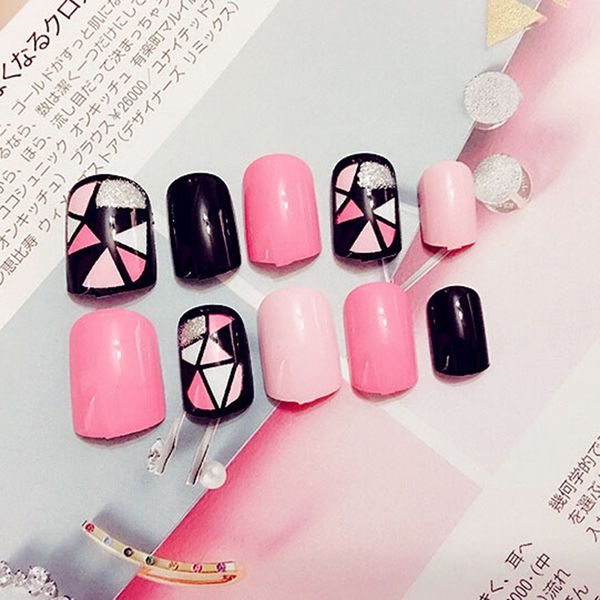 

24pcs/set pink/black false nails geometric pattren design wedding nail art acrylic full fake nail tips for girls, Red;gold