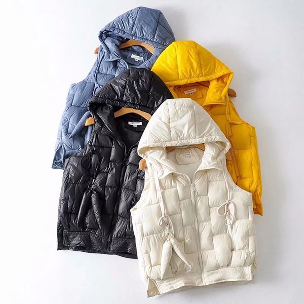 

women's vests winter sleeveless jacket thick warm vest ultra light hooded waistcoat plus size streetwear top, Black;white