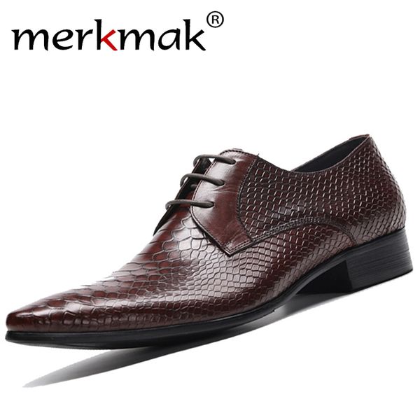 

merkmak genuine leather men dress shoes fashion pointed toe suit shoes classic snake pattern business formal footwear big size, Black