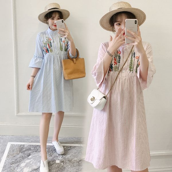 

9012#maternity clothes summer cotton stripe short sleeve easy matching loose stylish dress for pregnant women pregnancy clothes, White