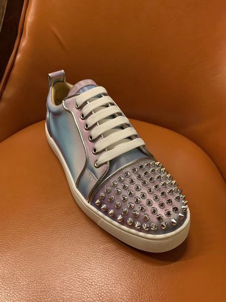 

бренд красные подошвы кроссовки низкие шипы квартиры, женские новый цвет прозрачная краска радужный низкий топ юниорские заклепки спортивные, Black