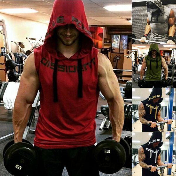 

mens hooded hoodie vest tank sweatshirt gym muscle sleeveless t-shirt, Black;blue