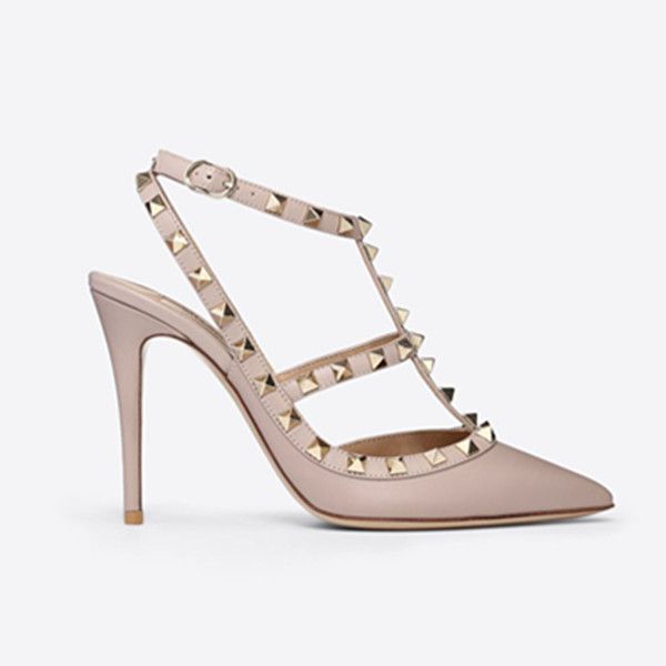 

Designer Pointed Toe 2-Strap with Studs high heels matte Leather rivets Sandals Women Studded Strappy Dress Shoes valentine high heel Shoes