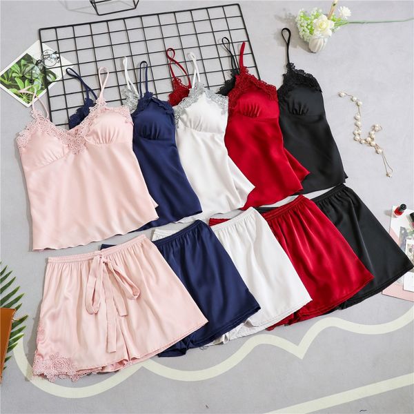 

women pajamas satin sleepwear pijama silk home wear lace home clothing chest pads spaghetti strap sleep lounge pyjama, Blue;gray