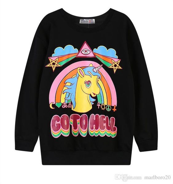 

new creative fashion temperament graffiti cartoon unicorn short-sleeved shirt digital printing series loose sweater rainbow horse, Black