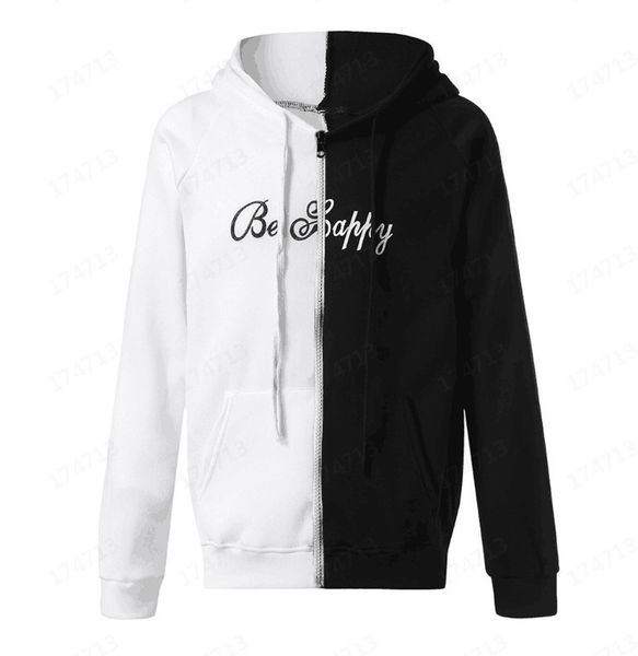

harajuku men's hoodies casual letter smile face printed hooded sweatshirt male color patchwork pocket hoody pullovers, Black