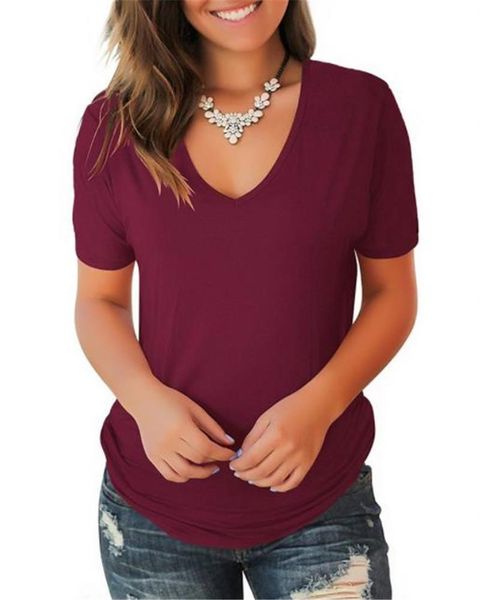 

solid color v neck short sleeve womens tshirts summer thin relaxed ladies designer female tees, White