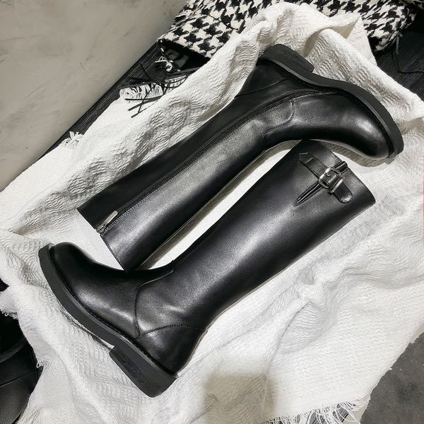 

black genuine leather knee high boots women shoes women designers flat knight boots fall winter ankle shoes