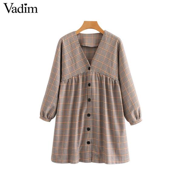 

vadim v neck plaid houndstooth mini dress buttons pockets long sleeve pleated female casual retro dresses vestidos mujer qa917, Black;gray