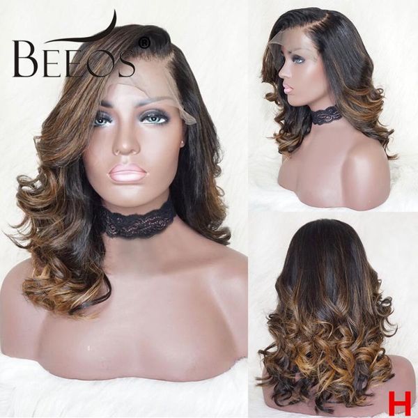 

beeos 150% 360 lace front human hair loose wave ombre highlight color preplucked with baby hair bleached knots brazilian remy, Black;brown