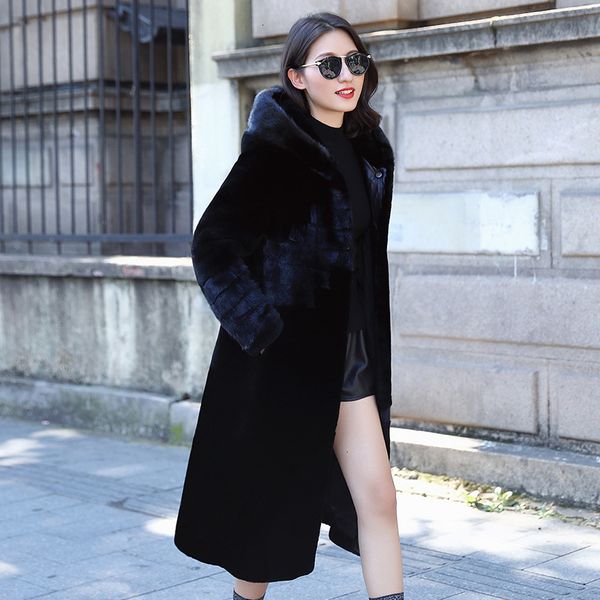 

2020 winter real fur coat women sheep shearling jacket hooded long natural wool fur coats women overcoat zm-9518 kj3145, Black