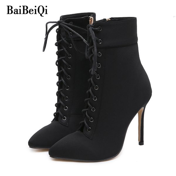 

baibeiqi ankle boots women zipper thin high heels boot shoes new fashion pointed toe cross-tied boots, Black