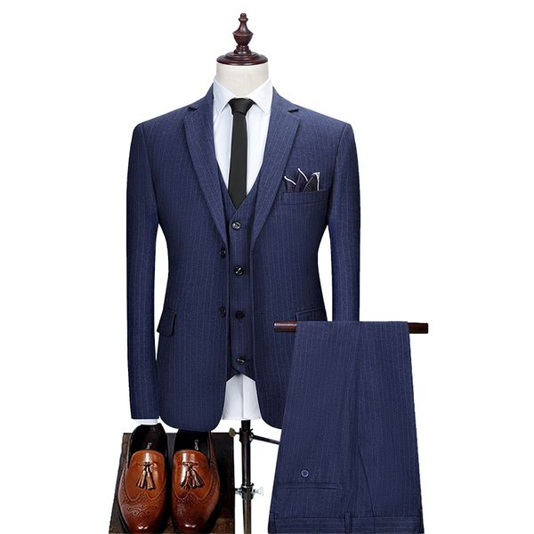 

jacket + vest + pants) mens double-breasted suit fashion groom wedding dress high-end party business striped slim suit 3pcs set, White;black