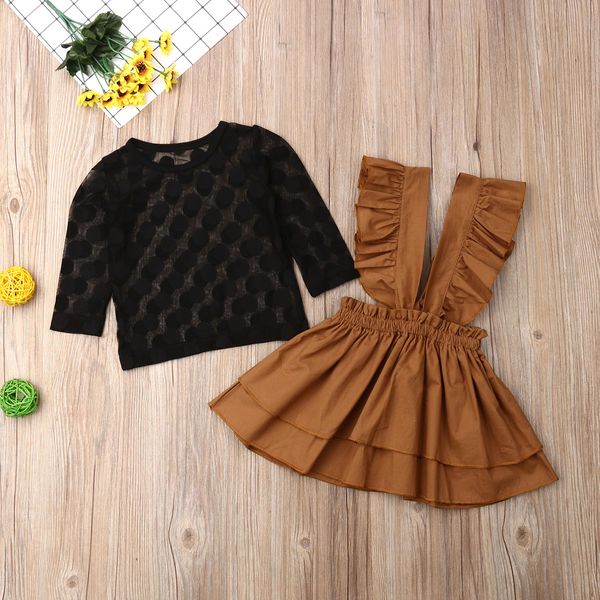 

girl autumn clothes 2pcs toddler baby girl clothes lace t-shirt+ruffles dress overalls 2pcs outfit, White