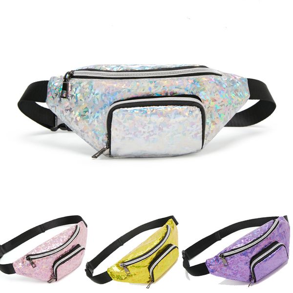 

hologram pu leather fanny packs chest bag for women pink zipper waterproof belt bags mini laser waist pack handbags