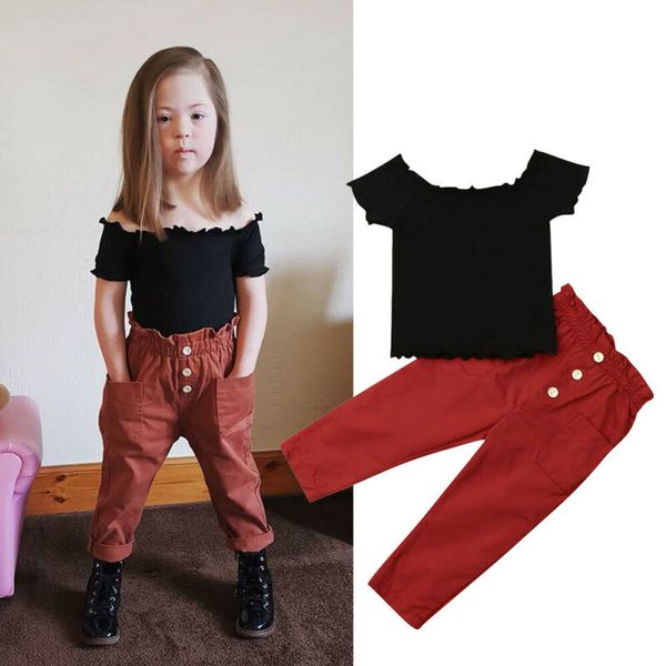 

fashion kids baby girl clothes off shoulder brick red pants outfit clothes set tracksuit summer 2-7y, White