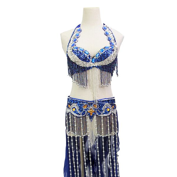 

size s-xl performance women dancewear professional 2pcs outfit oriental beads costume belly dance bra belt with fringe, Black;red