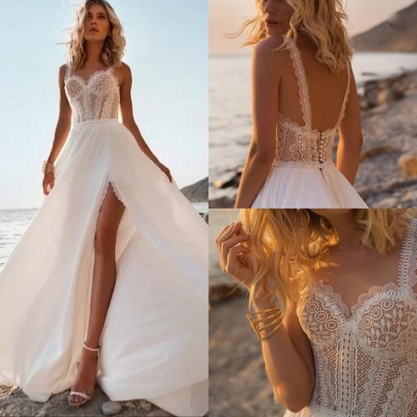 

2019 beach split side a line wedding dresses spaghetti straps chiffon summer sleeveless backless plus size bridal wedding gowns