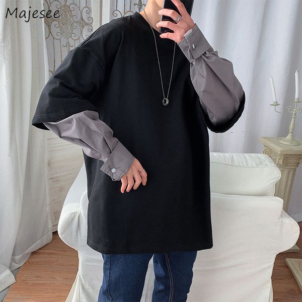 

men hoodies simple daily streetwear korean patchwork sweatshirts all-match mens fake 2 piece pullovers loose ulzzang couple ins, Black