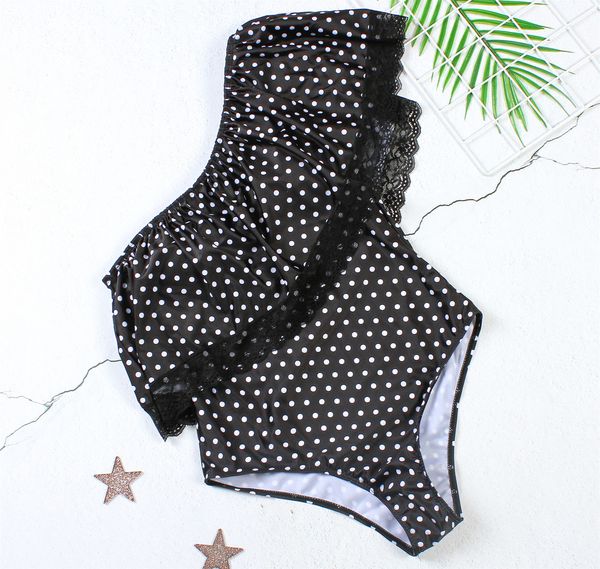 

dot swimwear brazilian monokini ruffle one piece swimsuit women bodysuit plus size swimsuit 2019 retro one shoulder bathing suit, White;black