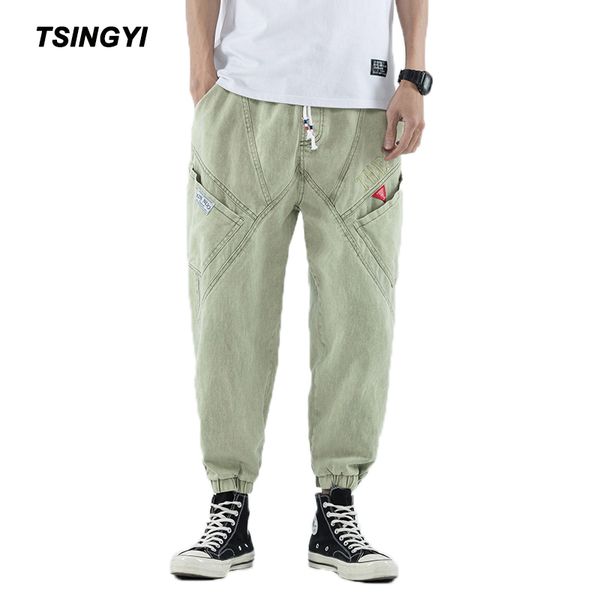 

tsingyi light green spliced cargo pants men multi-pocket hip hop 100% cotton drawstring tactical pantalon homme men's joggers, Black