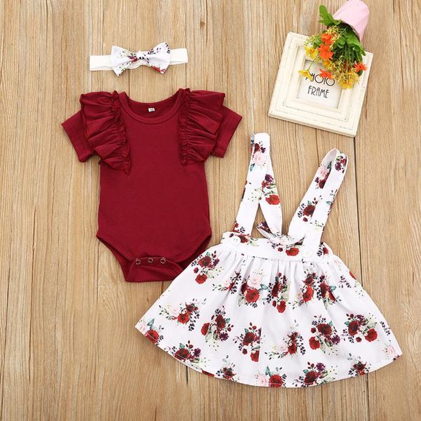

3pcs newborn girl outfit solid romper+floral strap skirt set outfit summer clothes for baby girl 0/18m vestiti bambina estivi t5, White