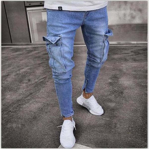 Jeans multi bolso masculino rasgado magro destruído desgastado fino ajuste denim calça casual buraco zíper nostálgico azul calças 865