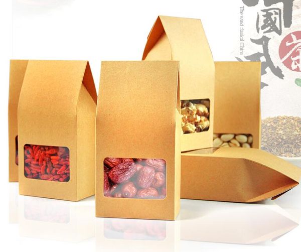 Scatola di cartone kraft marrone stand up scatola di carta regalo scatola di imballaggio per alimenti a forma di borsa con finestra trasparente 8 * 5 * 15,5 cm