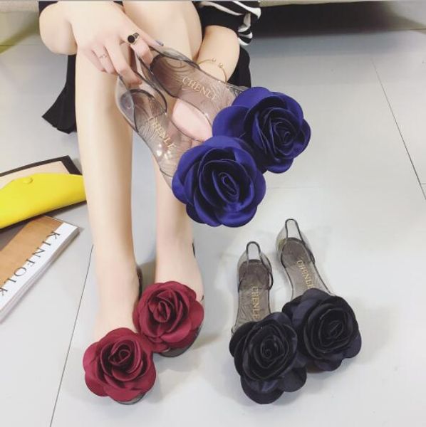 

new summer sandals female rose flowers transparent crystal bottom jelly shoes female fish mouth shoes flat sand beach cool slippers, Black