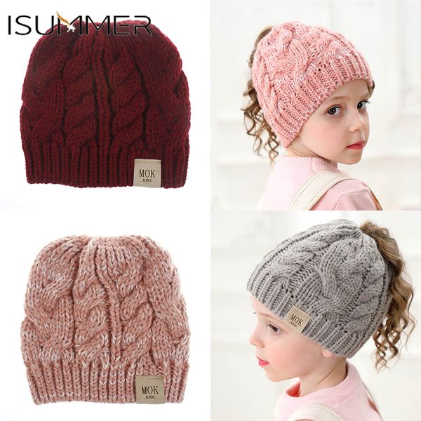 

winter hat children baby girl knit cap acrylic double color yarn leak ponytail cap hat skullies beanies gorros mujer invierno, Yellow