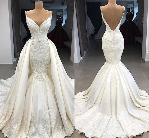 

2019 mermaid wedding dresses spaghetti lace 3d floral appliques sleeveless open back with detachable train plus size formal bridal gowns, White