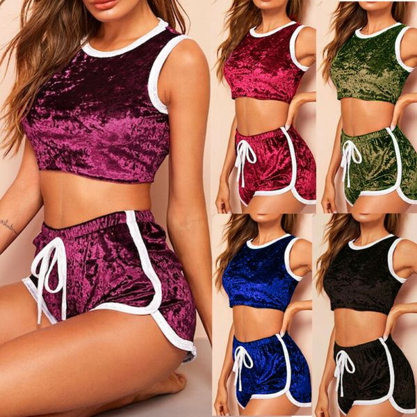 

2pcs women suit velvet set bra crop +shorts fitness running yoga gym sports