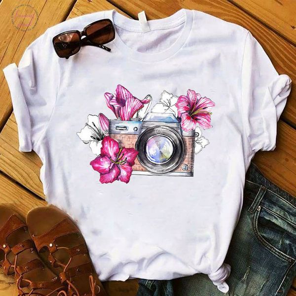 

women t womens graphic camera flower vintage fashion summer cute printed tshirt female short tee shirt ladies clothes t shirt, White