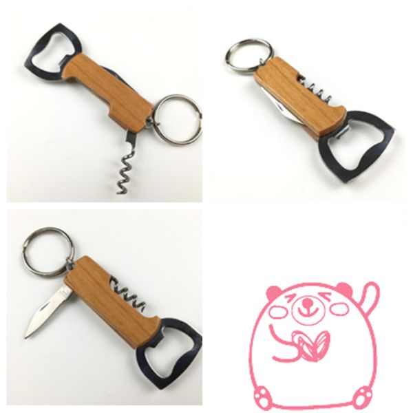 

outdoor wine bottle opener keychain stainless steel multifunctionial wooden handle opener portable corkscrew wine beer openers t2i5115