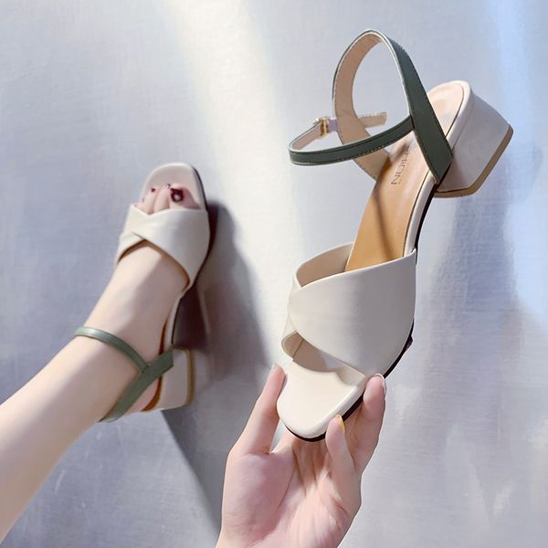 

clear heels chunky sandals all-match black shoes for women med buckle 2020 summer block beige medium strap comfort block female