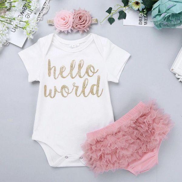

summer baby girl short sleeve clothes set newborn clothes 3pcs bodysuits+pp pants+headband infant baby outfits for girls d30 t200706, White